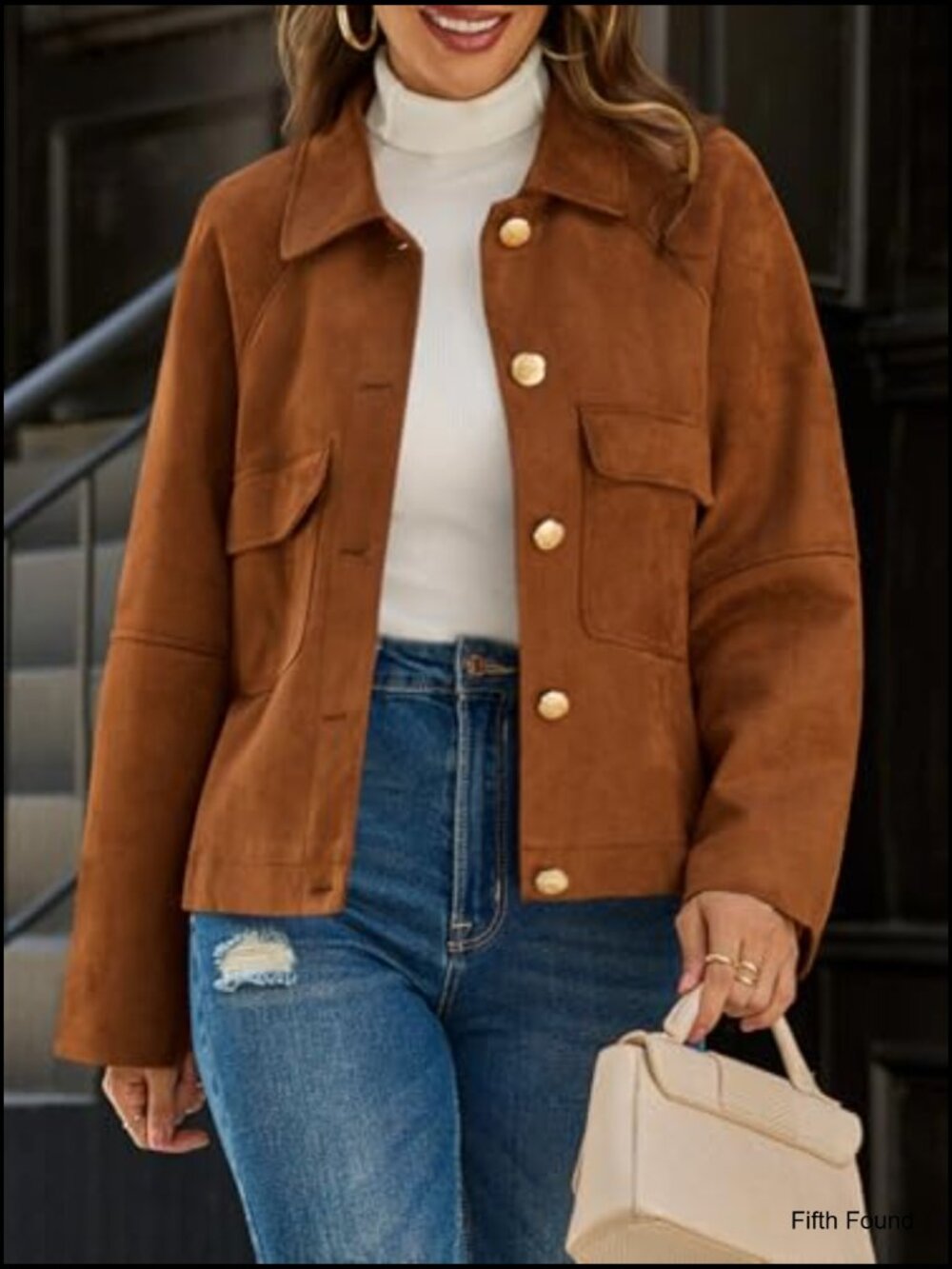 Faux Suede Leather Cropped Jacket Button Down Lapel Collar Casual Vintage - Picture 5 of 6